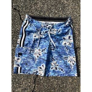 Gecko Hawaii Swim shorts trunks y2k 2000 L 14/16 Teen blue/silver tribal flower